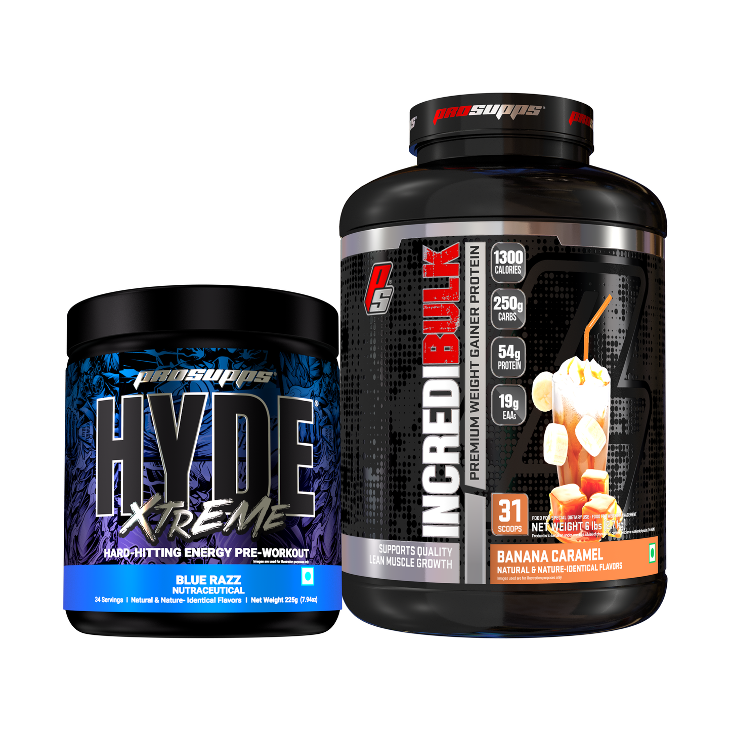 hyde xtreme pre workout hyde xtreme blue razz flavour and incredibulk banana caramel flavour combo