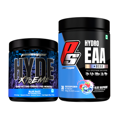 hyde xtreme pre workout hyde xtreme blue razz flavour and hydro EAA blue raspberry combo