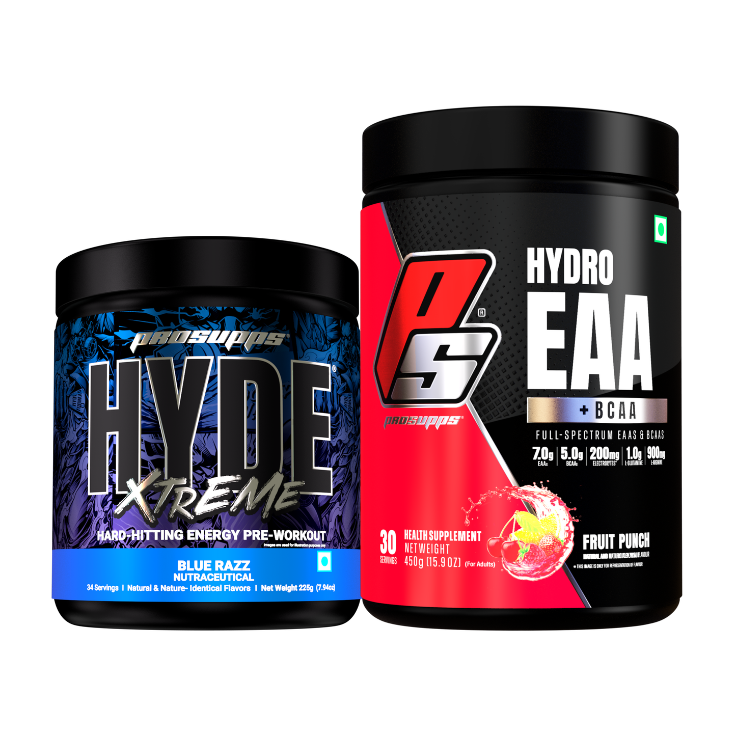 hyde workout supplement hyde xtreme blue razz flavour and hydro EAA fruit punch flavour combo