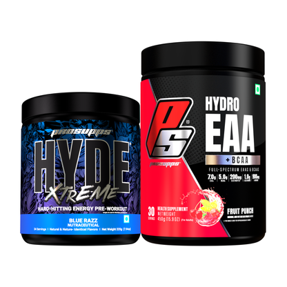 hyde workout supplement hyde xtreme blue razz flavour and hydro EAA fruit punch flavour combo