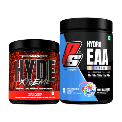 hyde xtreme pre workout hyde xtreme fruit punch and hydro EAA blue raspberry flavour combo