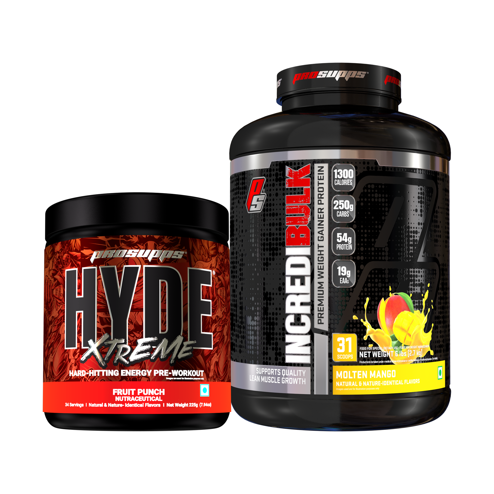 hyde xtreme fruit punch flavour and incredibulk molten mango flavour combo