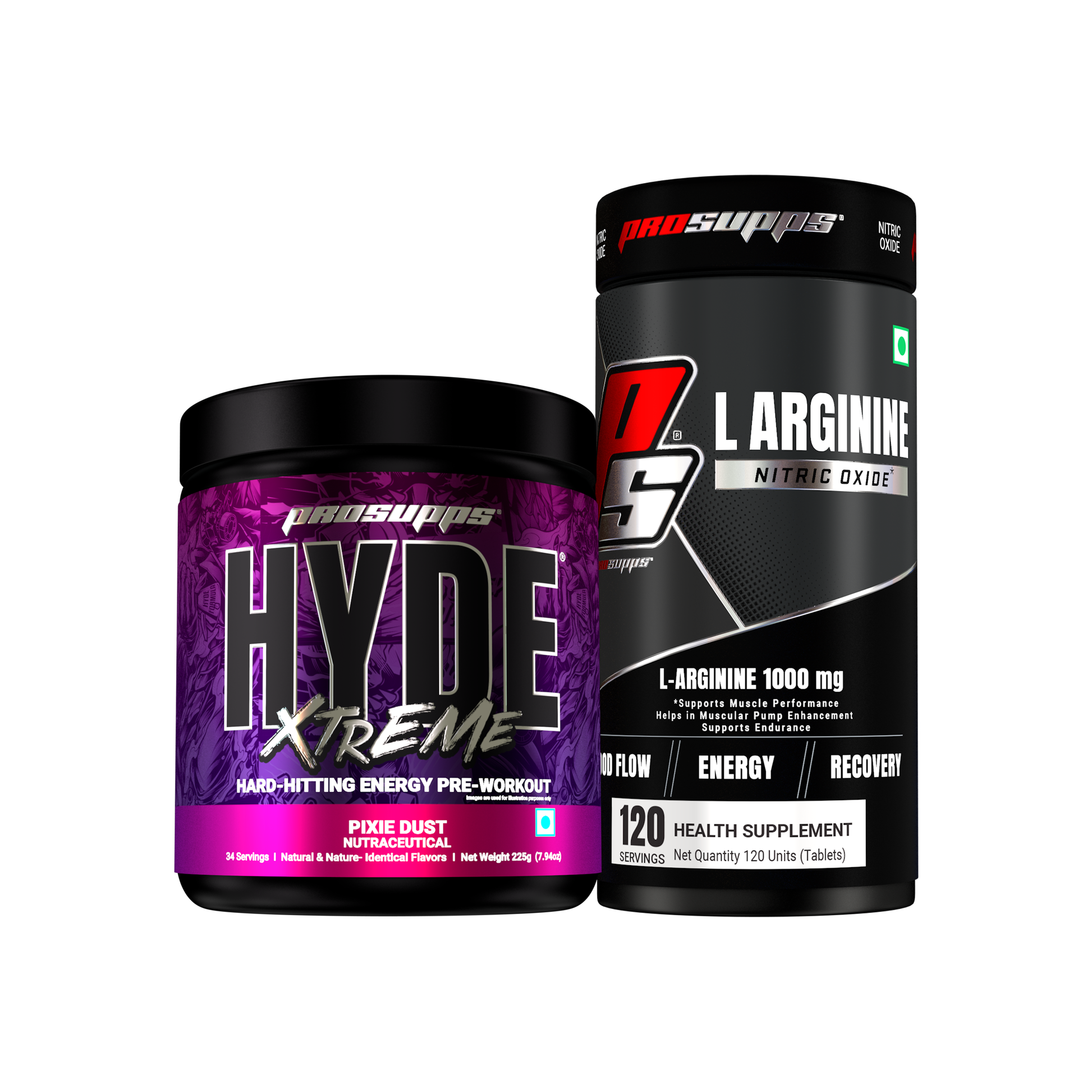 hyde xtreme pre workout hyde xtreme pixie dust flavour and L-arginine combo