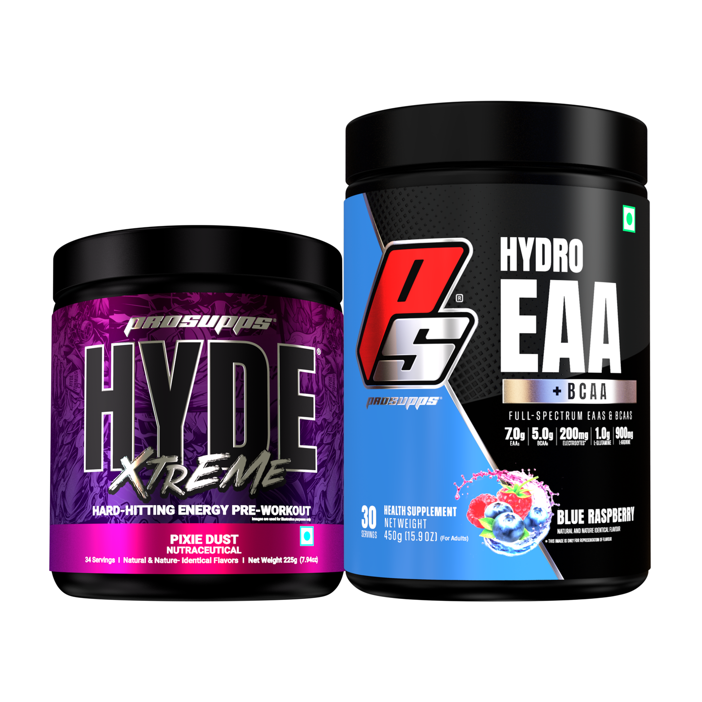 hyde xtreme pre workout hyde xtreme pixie dust flavour and hydro eaa blue raspberry flavour combo