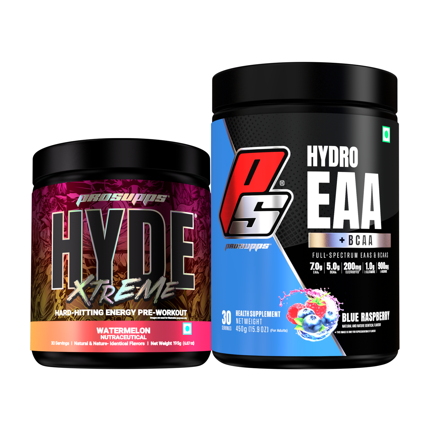 hyde xtreme pre workout hyde xtreme watermelon flavour and hydro eaa blue raspberry flavour combo