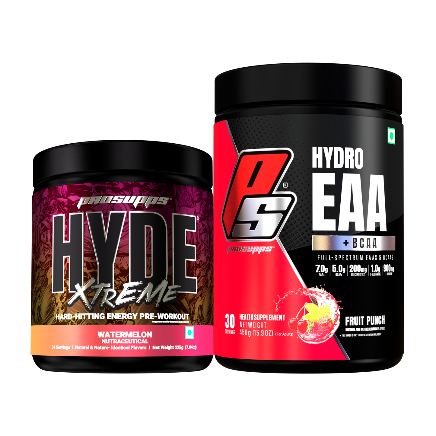 hyde workout supplement hyde xtreme watermelon flavour and hydro eaa fruit punch flavour combo