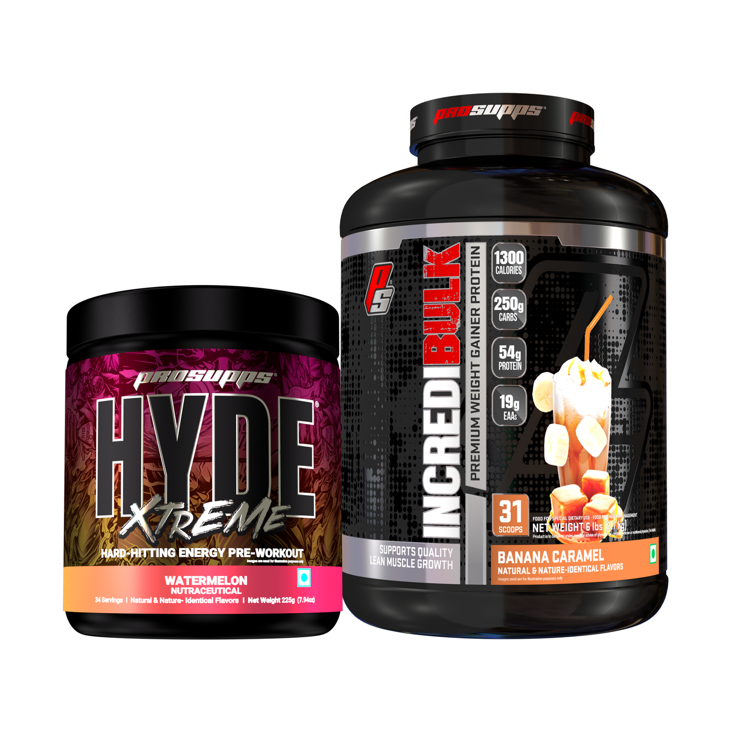 hyde xtreme pre workout hyde xtreme watermelon flavour and incredibulk banana caramel flavour combo