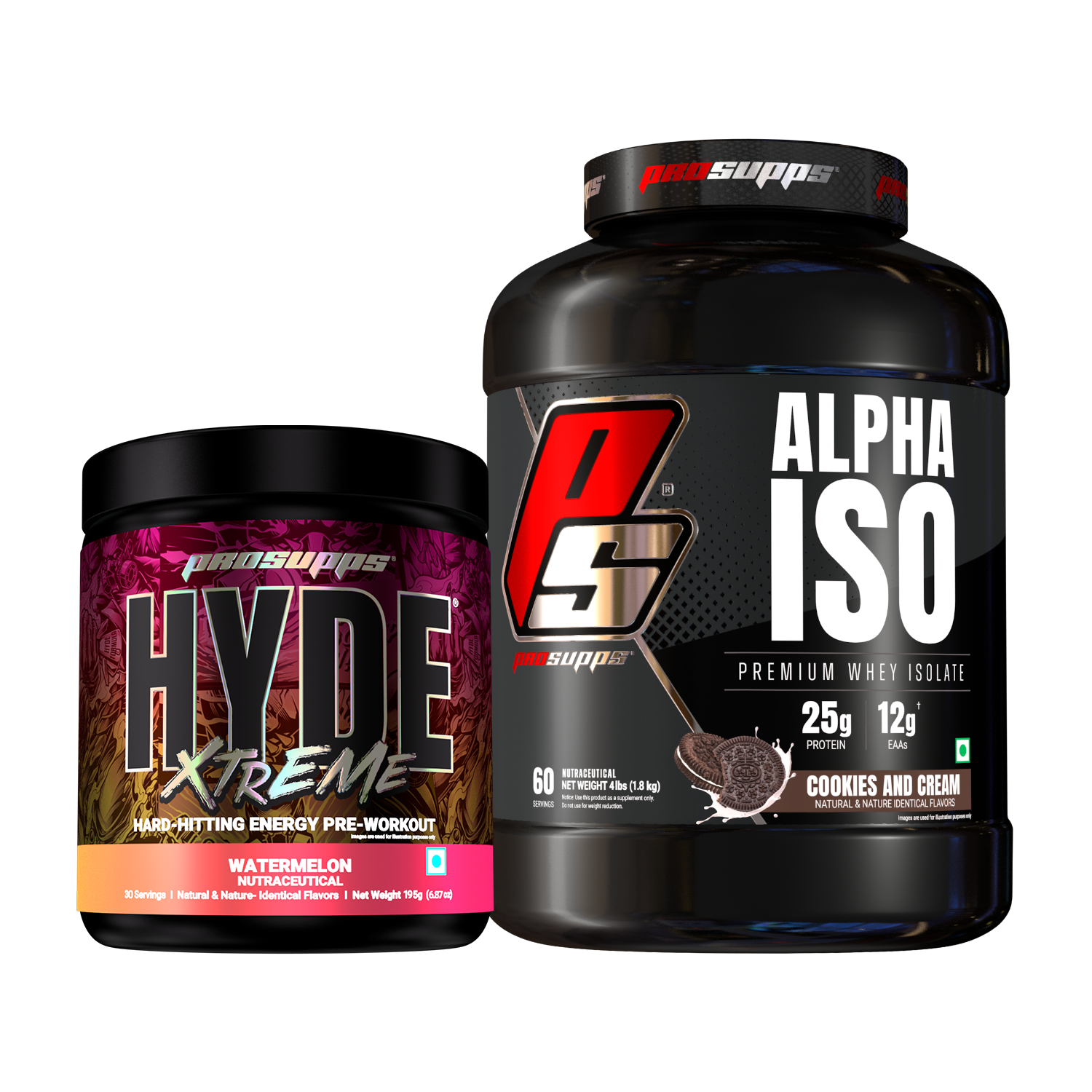 hyde xtreme pre workout hyde xtreme watermelon flavour and alpha iso cookie and cream flavour combo